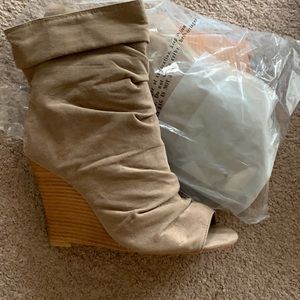 Taupe scrunched peep toe wedge